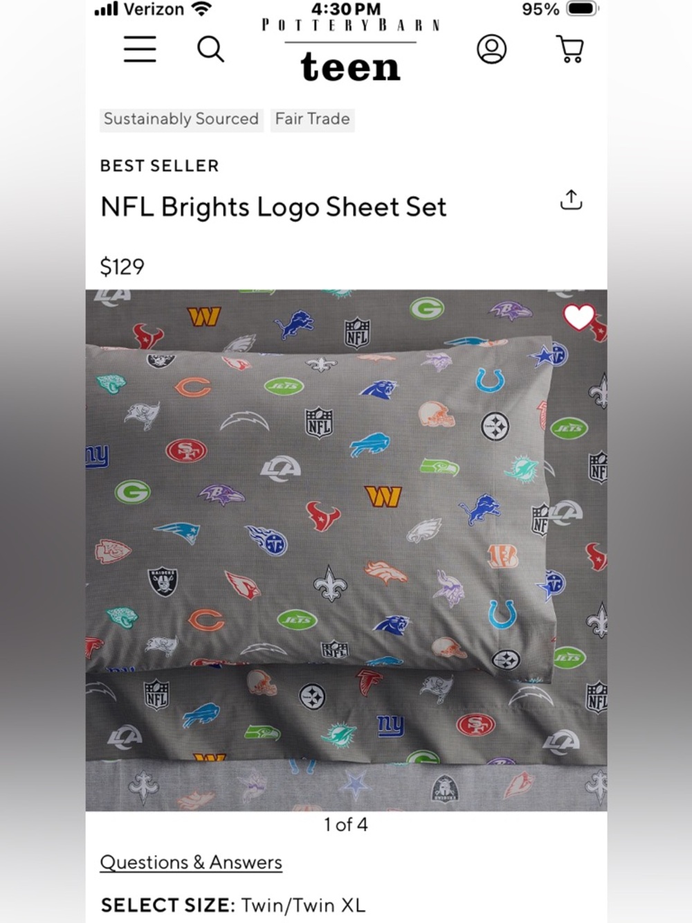 Pottery Barn Teen NFL Brights Logo Sheet Set 3 pcs twin xl long